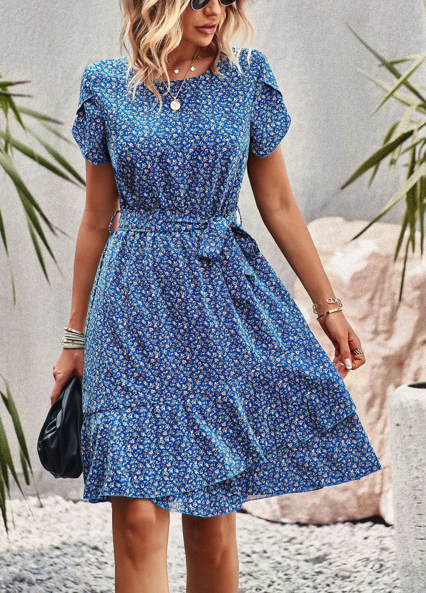 BLUE SEASIDE PRINT WRAP DRESS mfoya