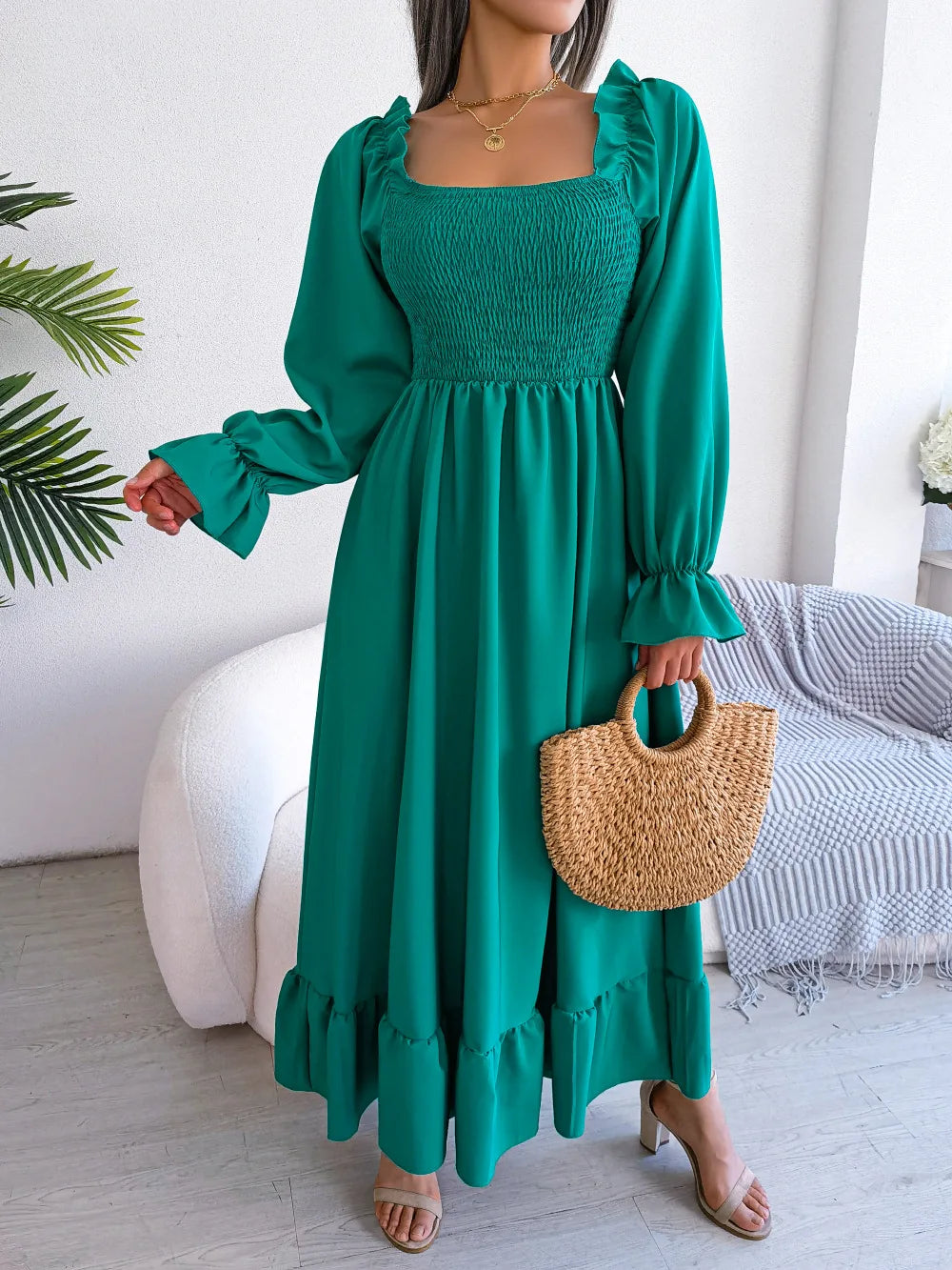 GREEN RUFFLE SWING MIDI DRESS