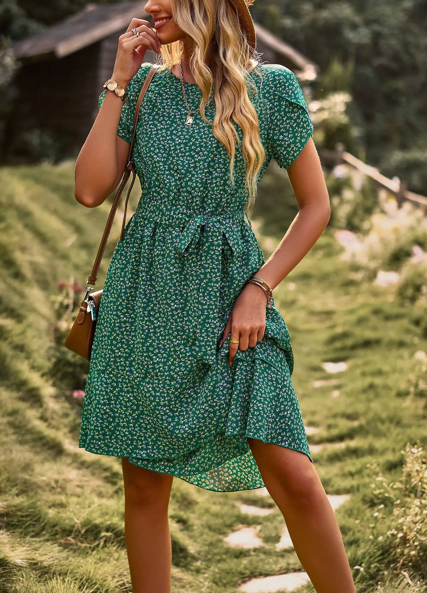 GREEN SEASIDE PRINT WRAP DRESS mfoya