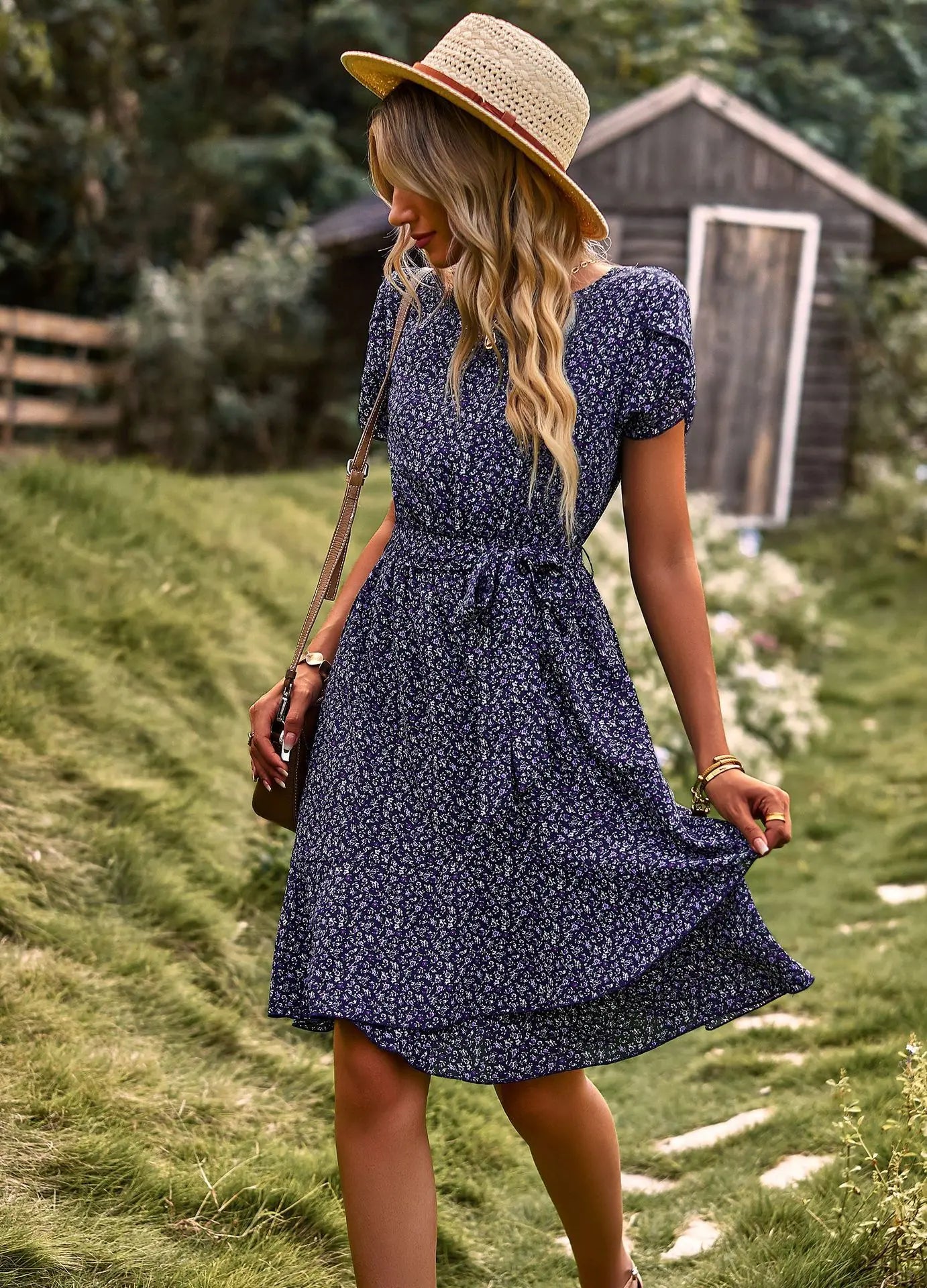 NAVY SEASIDE PRINT WRAP DRESS mfoya