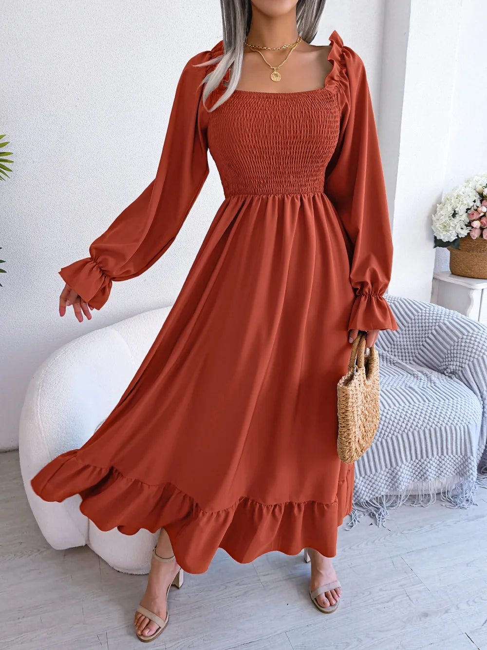 ORANGE RUFFLE SWING MIDI DRESS mfoya