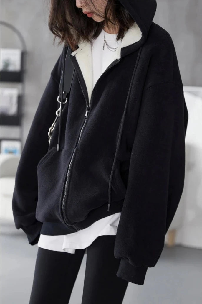 BLACK SOLID PLUSH ZIP-UP HOODIE mfoya