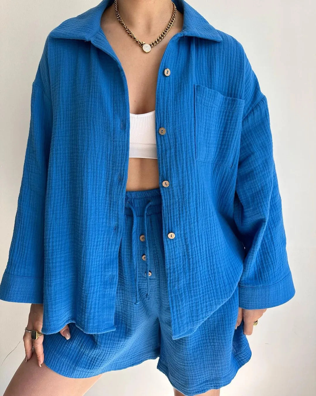 BLUE COTTON GAUZE CASUAL SET mfoya