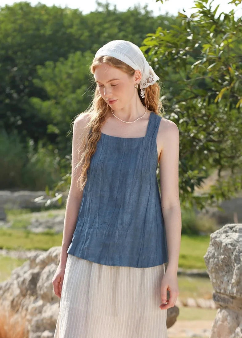 BLUE LINEN CROSS-BACK TANK mfoya