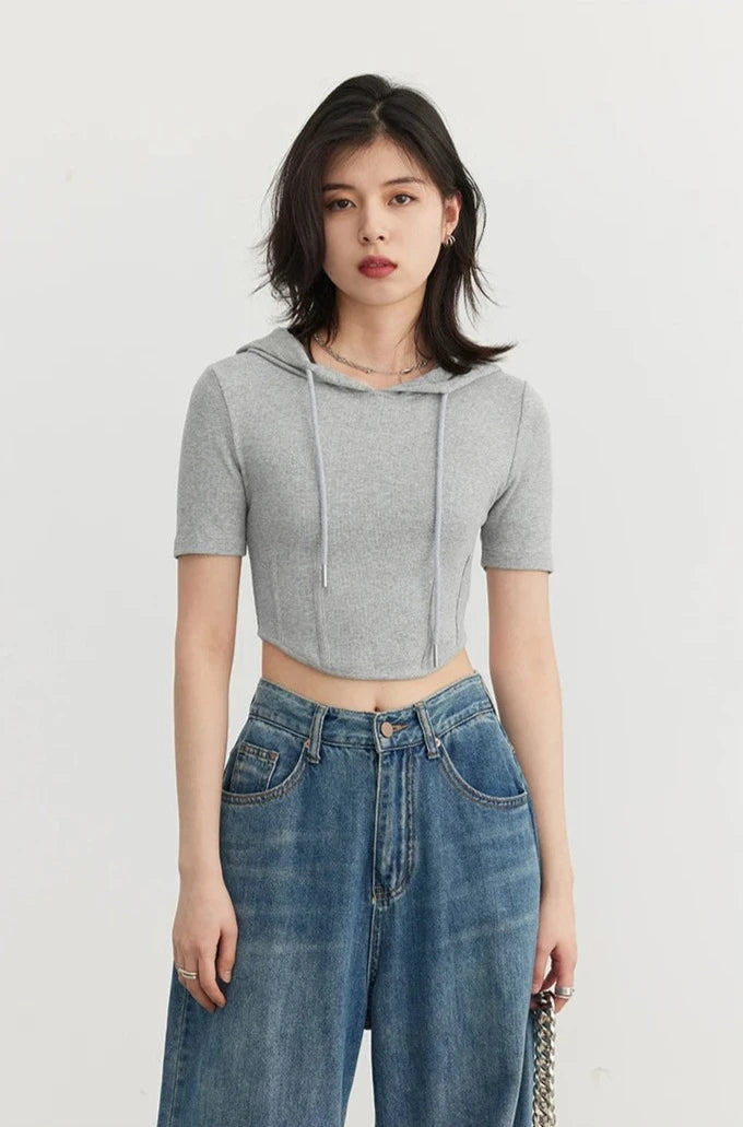 GRAY SOLID HOODED CROP TEE mfoya