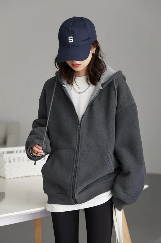 GRAY SOLID PLUSH ZIP-UP HOODIE