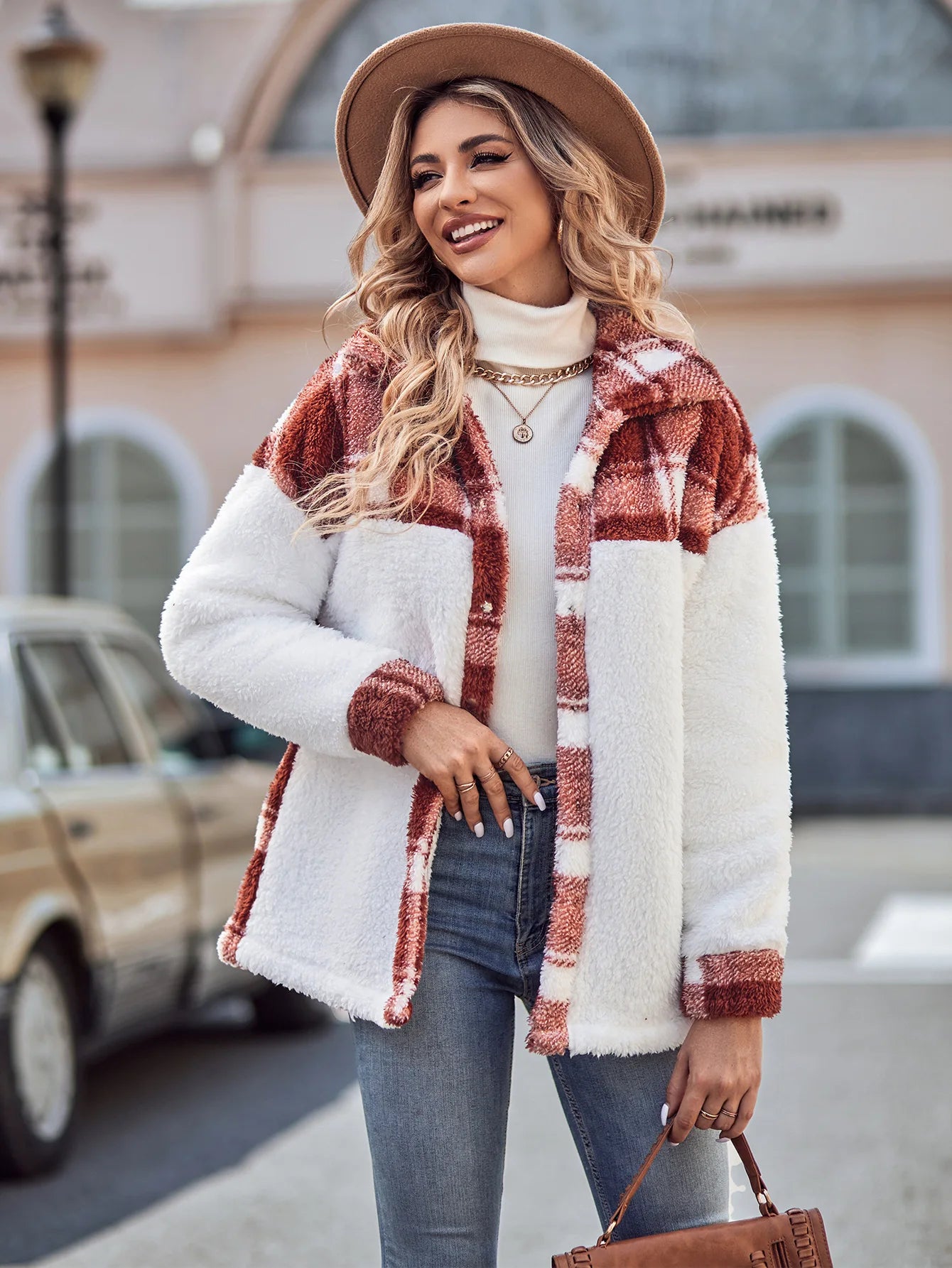 RED PLUSH JACKET WITH GRID PATTERN