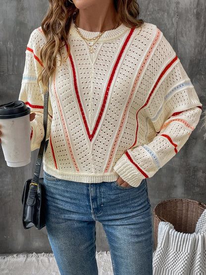 Striped Crew Neck Hollow-Out Sweater