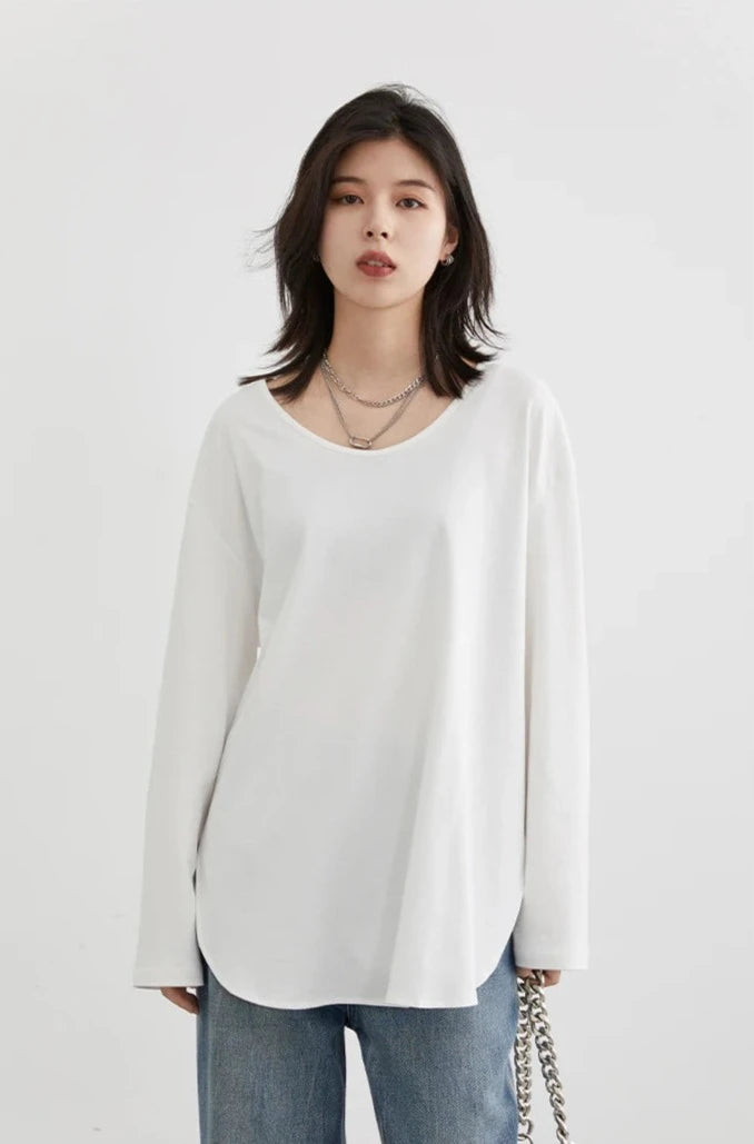 WHITE RELAXED U-NECK LONG SLEEVE TEE mfoya