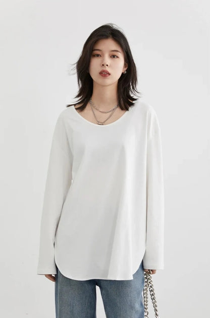 WHITE RELAXED U-NECK LONG SLEEVE TEE