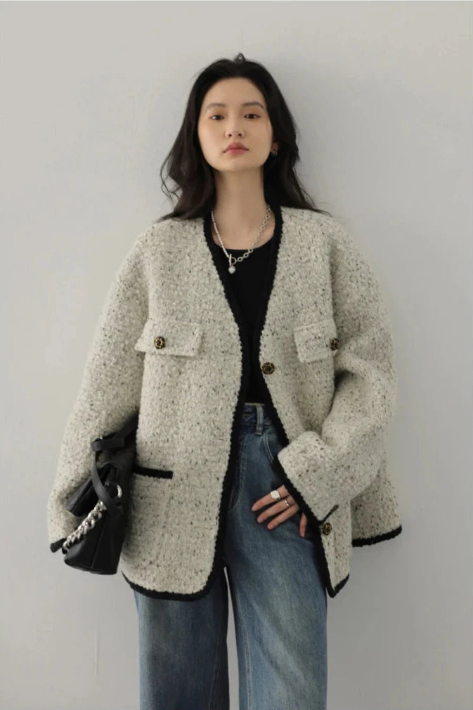 WHITE WOOLEN POLKA DOT COAT mfoya