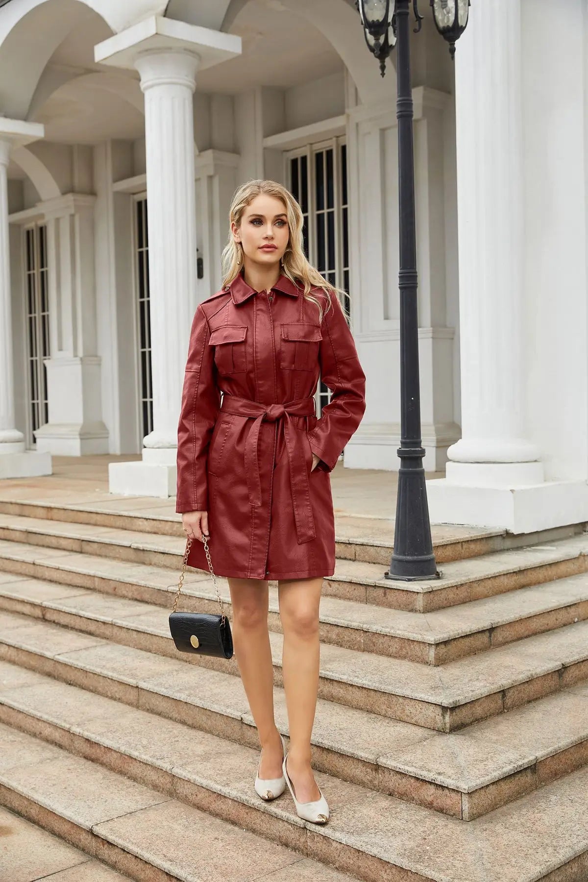 WINE RED LEATHER BELTED TRENCH COAT mfoya