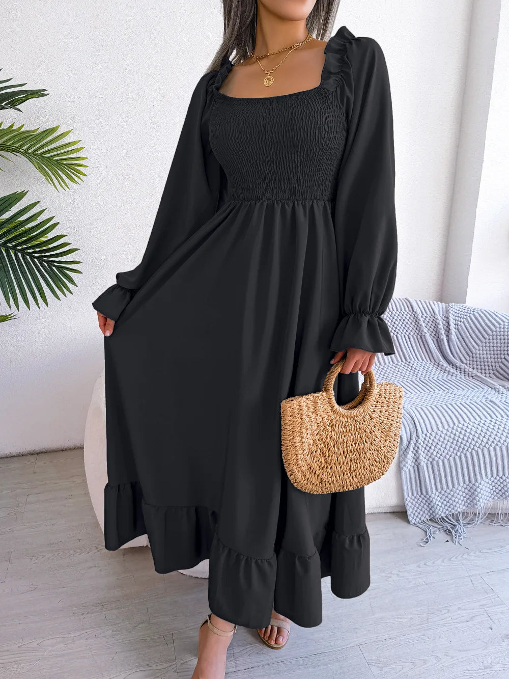 BLACK RUFFLE SWING MIDI DRESS mfoya