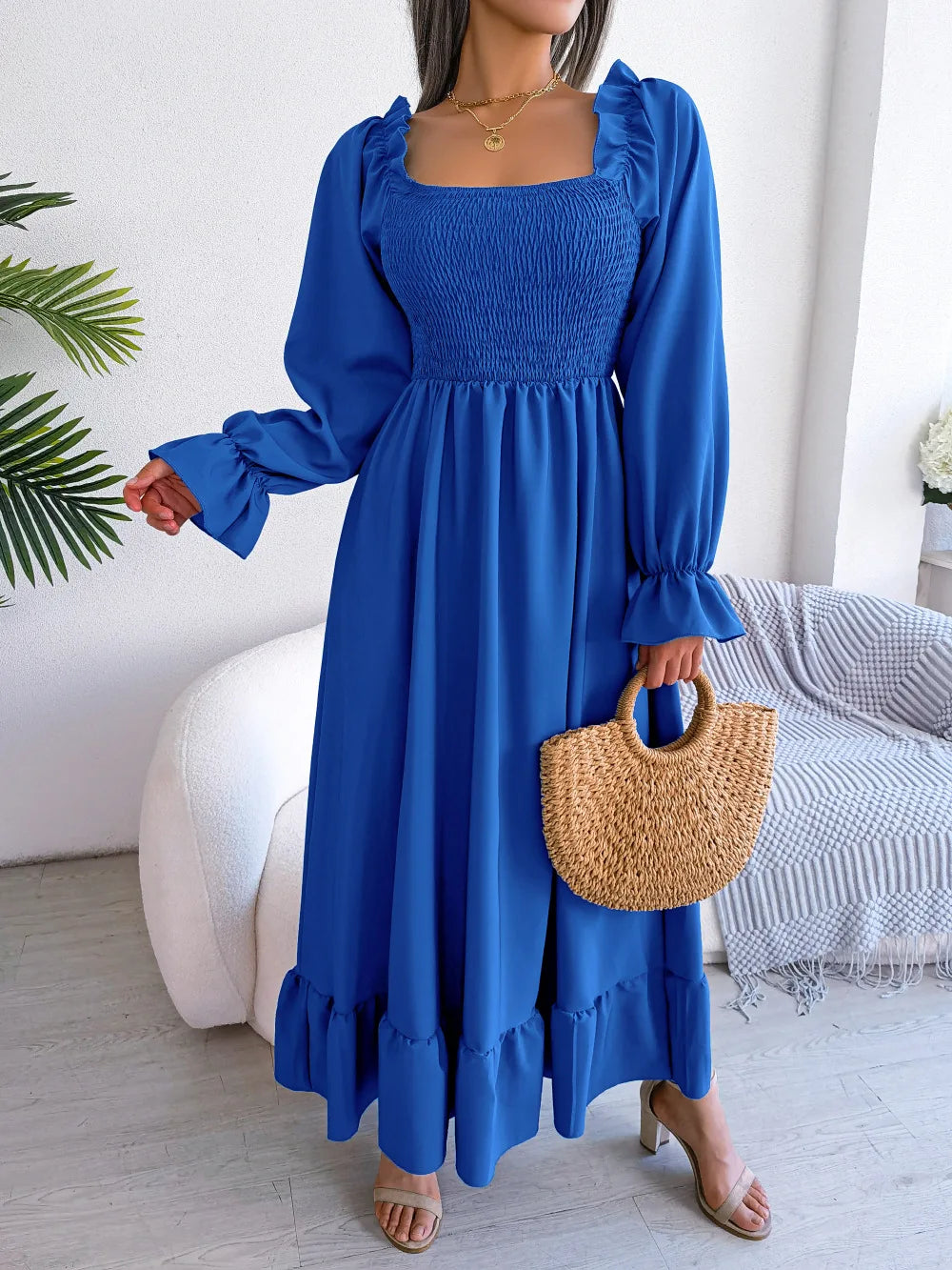 BLUE RUFFLE SWING MIDI DRESS mfoya