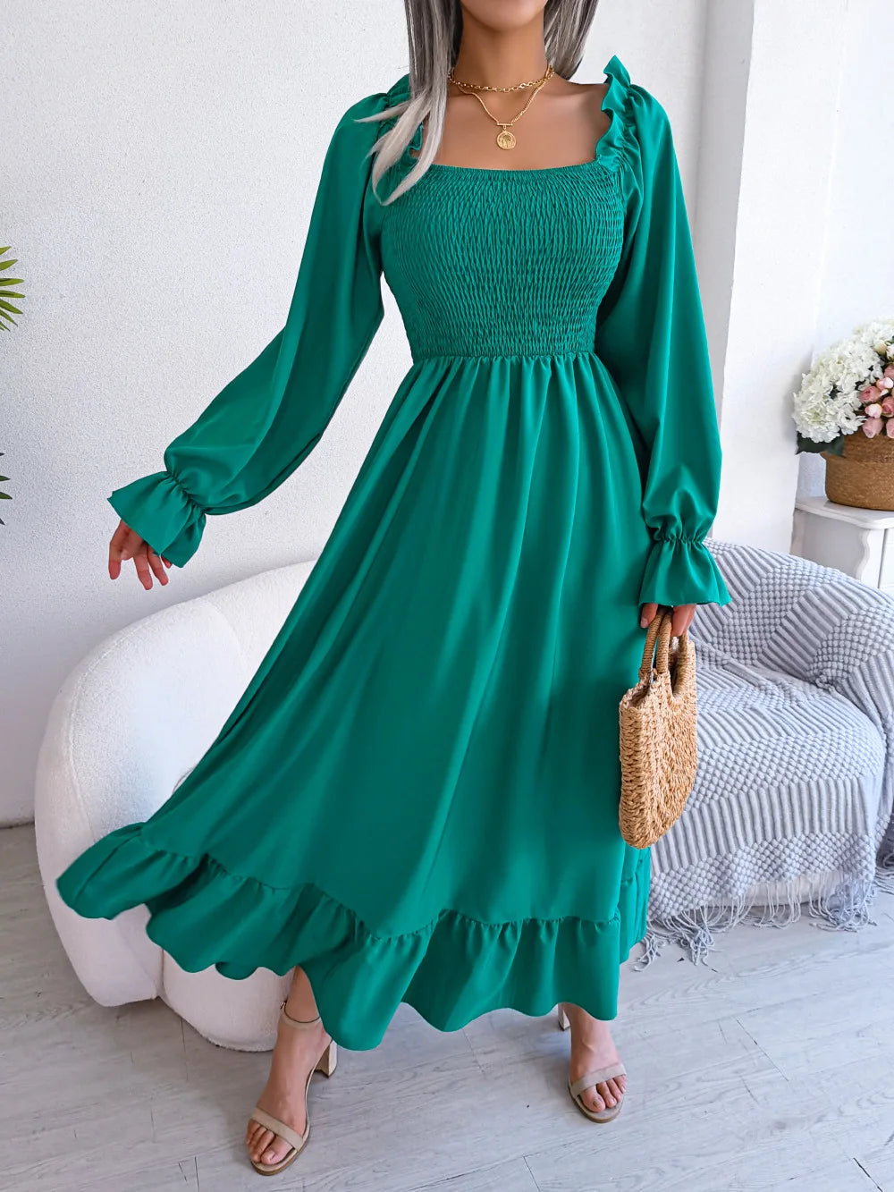 GREEN RUFFLE SWING MIDI DRESS mfoya