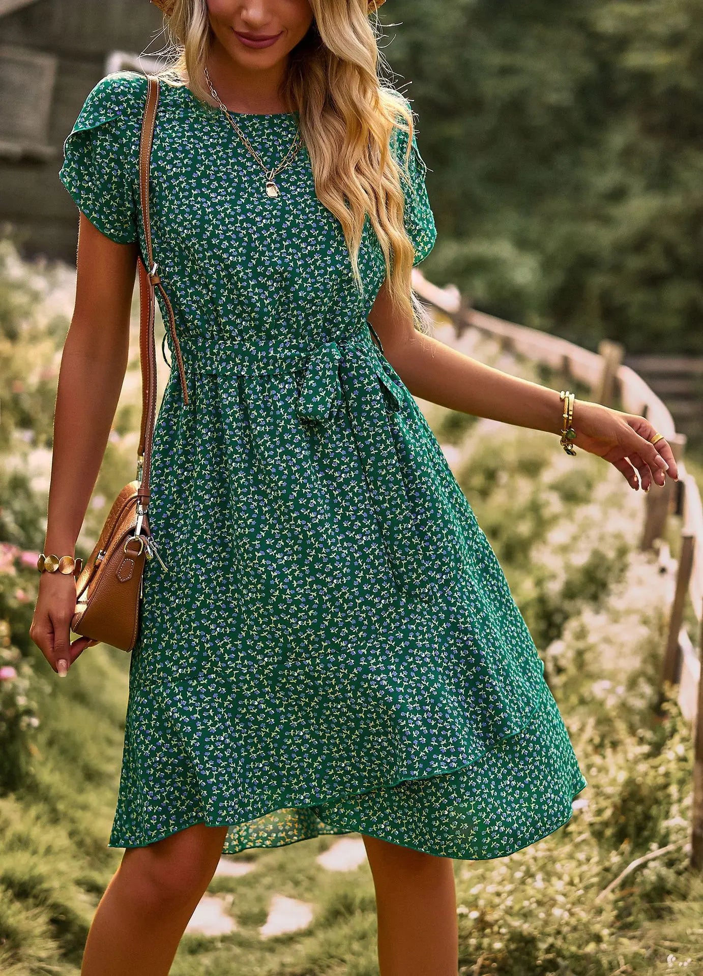 GREEN SEASIDE PRINT WRAP DRESS mfoya