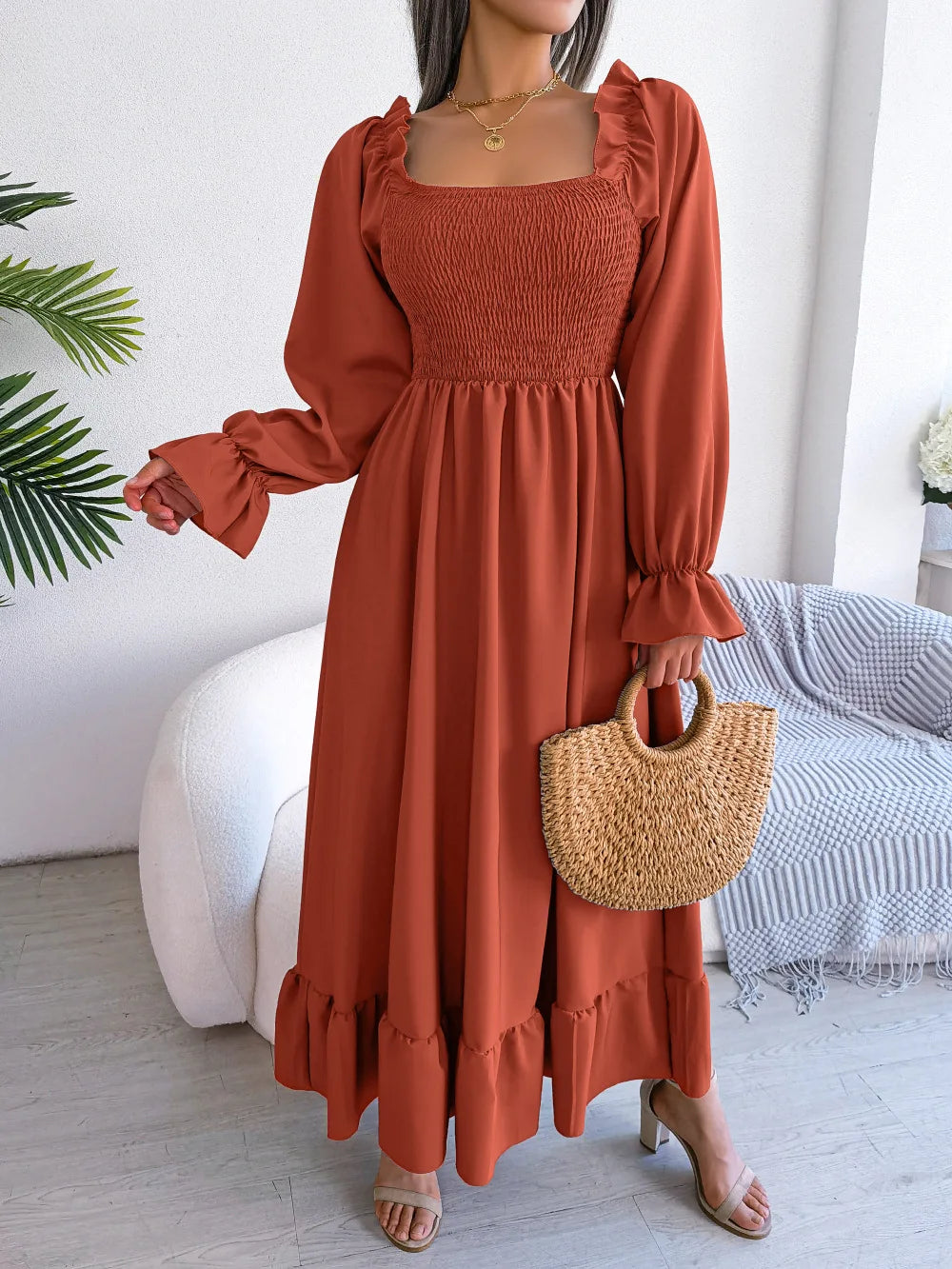 ORANGE RUFFLE SWING MIDI DRESS mfoya