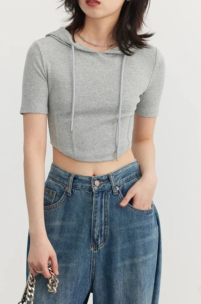 GRAY SOLID HOODED CROP TEE