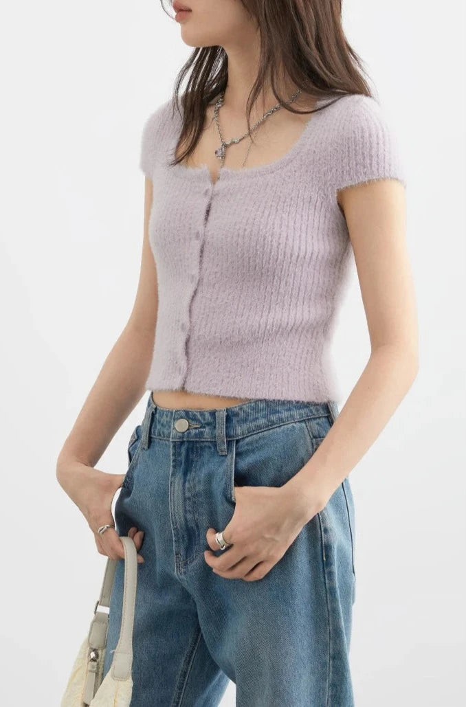 PURPLE SQUARE NECK KNIT CARDIGAN mfoya