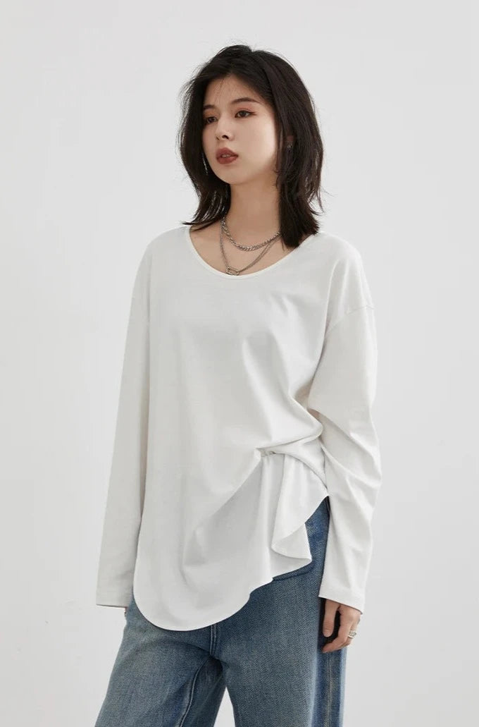 WHITE RELAXED U-NECK LONG SLEEVE TEE mfoya