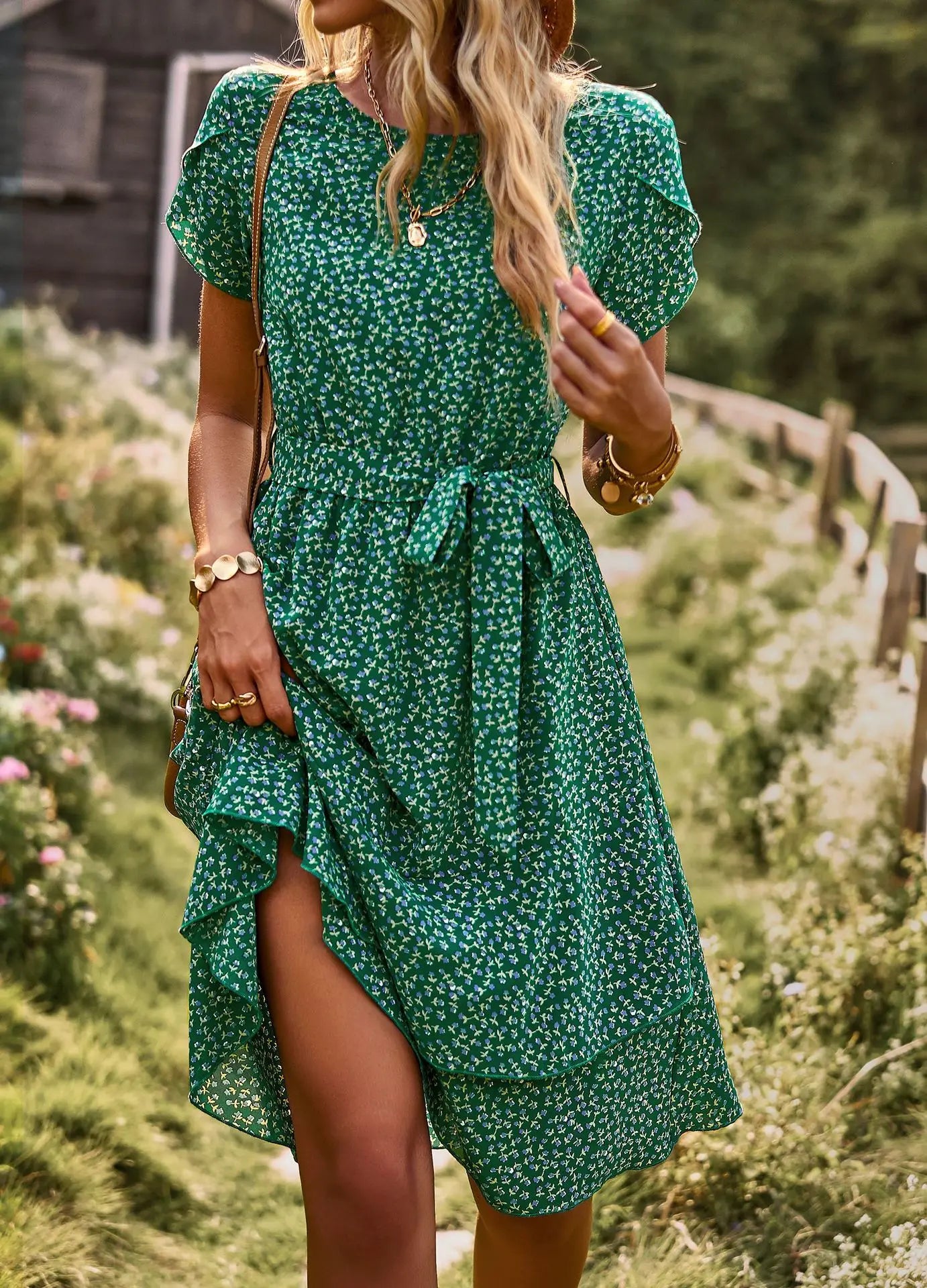 GREEN SEASIDE PRINT WRAP DRESS mfoya