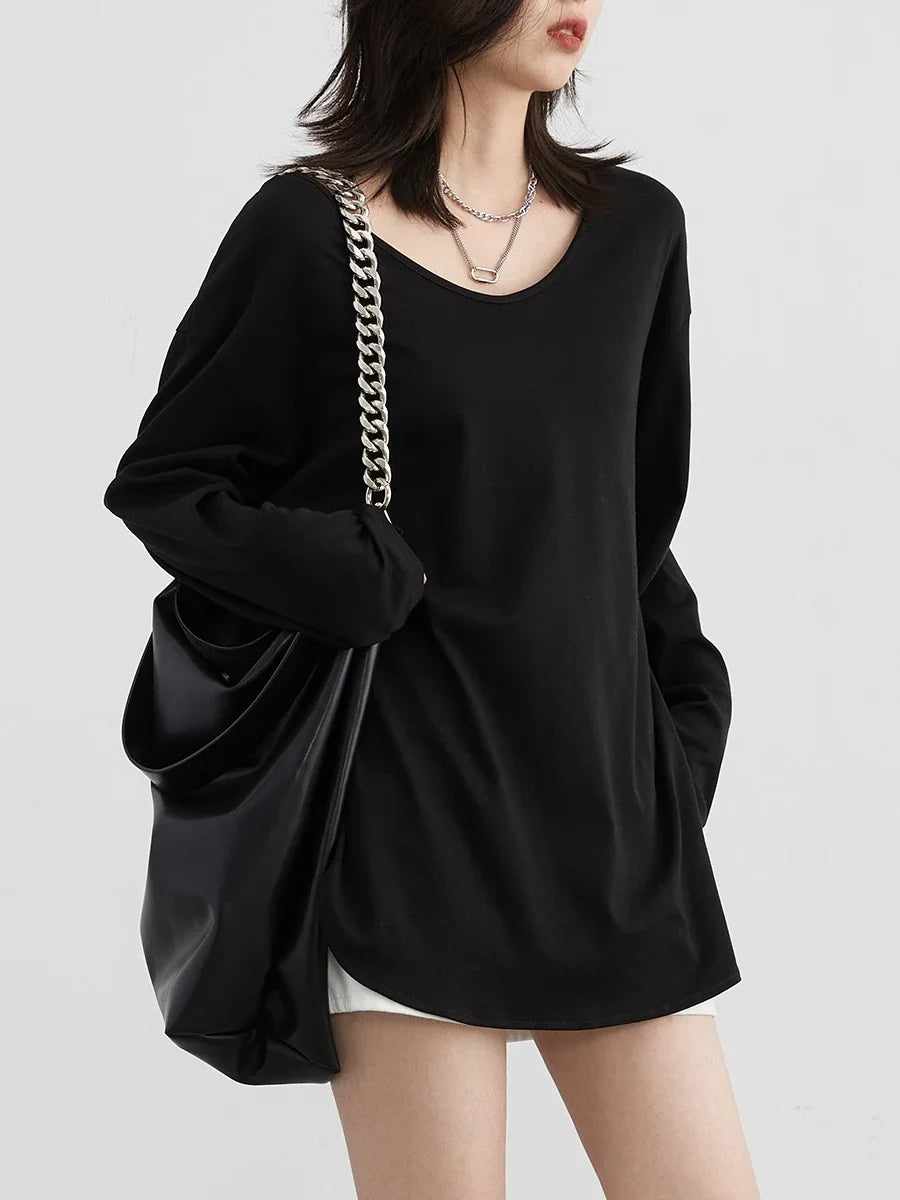 BLACK RELAXED U-NECK LONG SLEEVE TEE mfoya