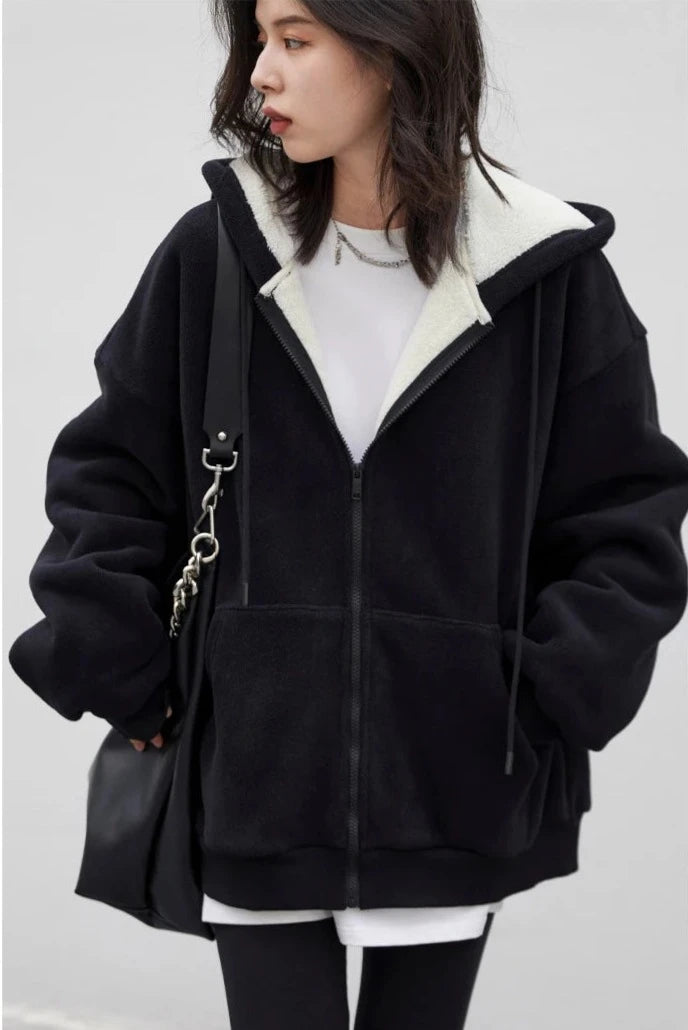 BLACK SOLID PLUSH ZIP-UP HOODIE mfoya