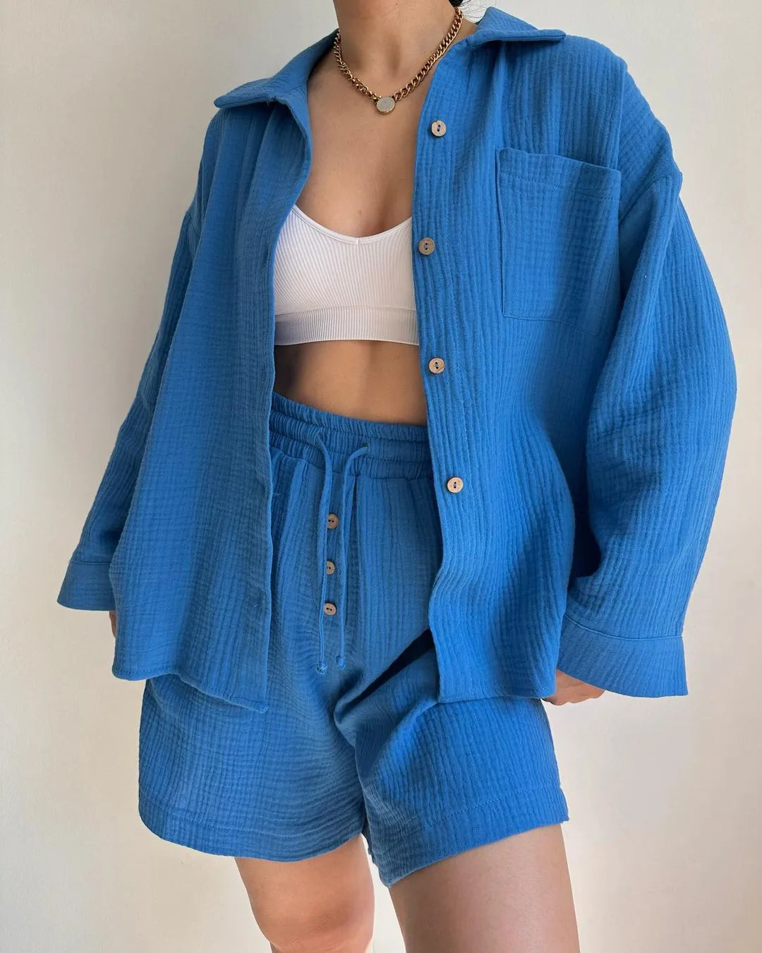 BLUE COTTON GAUZE CASUAL SET mfoya