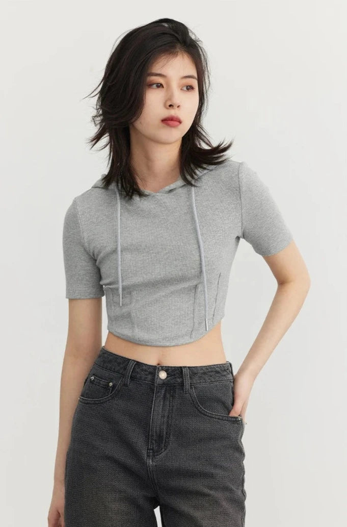 GRAY SOLID HOODED CROP TEE mfoya