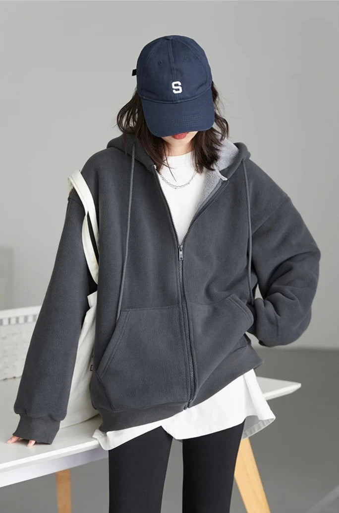 GRAY SOLID PLUSH ZIP-UP HOODIE mfoya