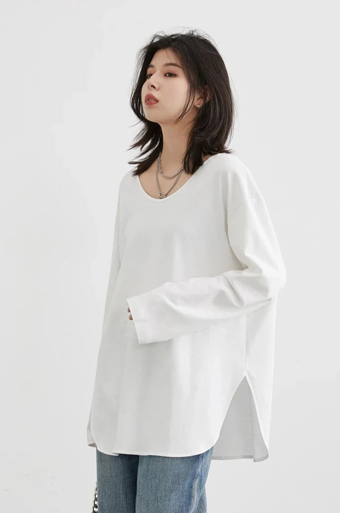 WHITE RELAXED U-NECK LONG SLEEVE TEE mfoya