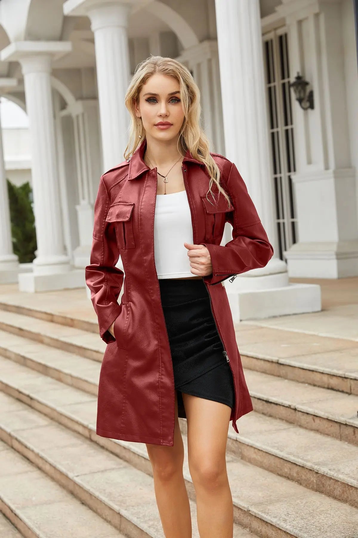 WINE RED LEATHER BELTED TRENCH COAT mfoya