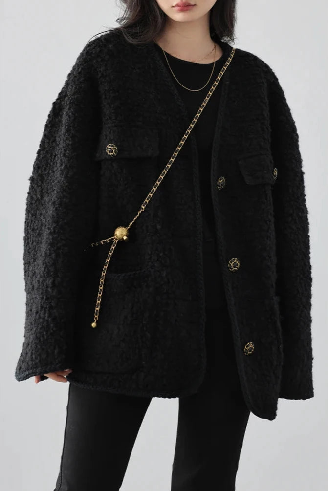 BLACK WOOLEN POLKA DOT COAT mfoya