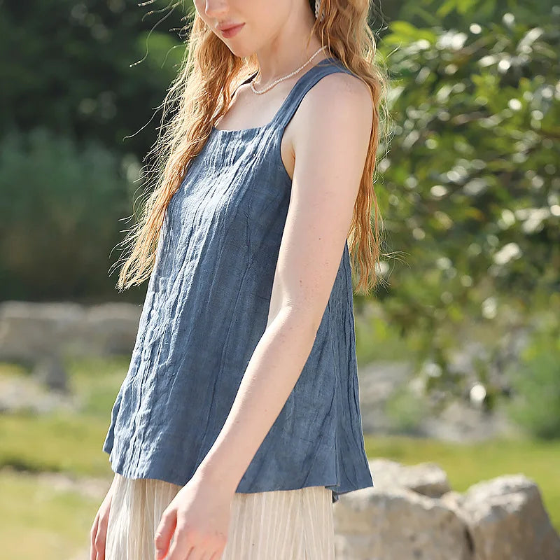 BLUE LINEN CROSS-BACK TANK mfoya