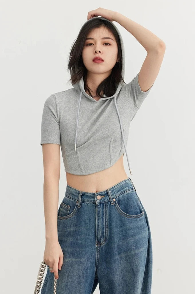 GRAY SOLID HOODED CROP TEE mfoya