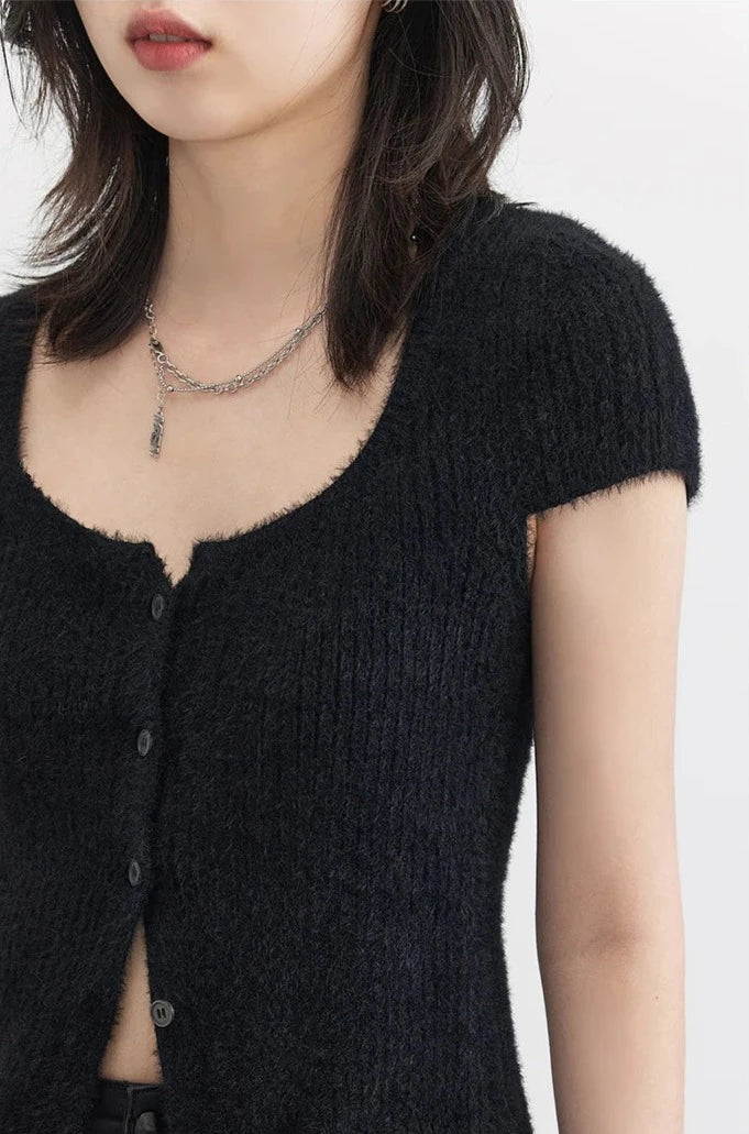 BLACK SQUARE NECK KNIT CARDIGAN mfoya