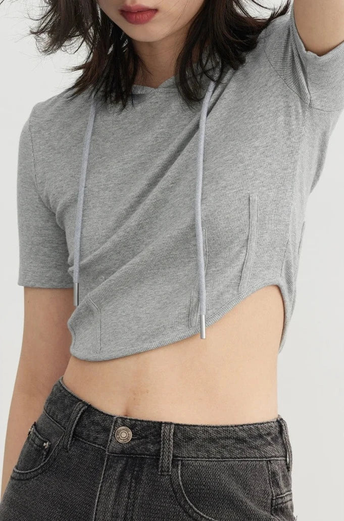 GRAY SOLID HOODED CROP TEE mfoya