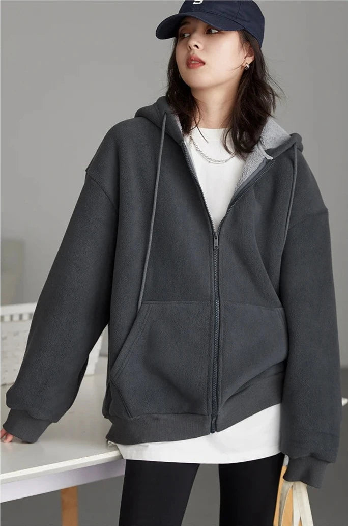 GRAY SOLID PLUSH ZIP-UP HOODIE