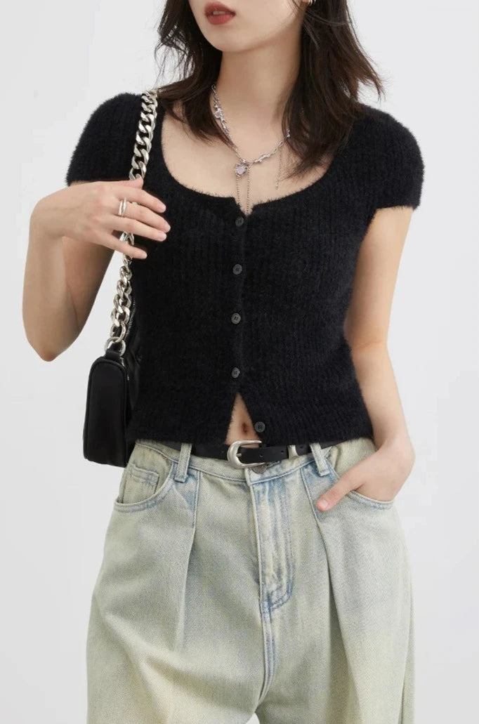 BLACK SQUARE NECK KNIT CARDIGAN mfoya