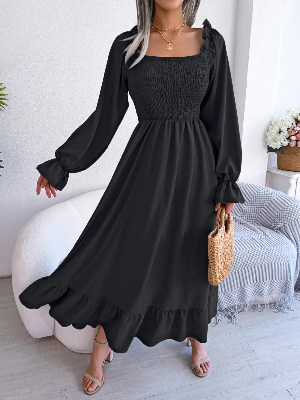 BLACK RUFFLE SWING MIDI DRESS mfoya