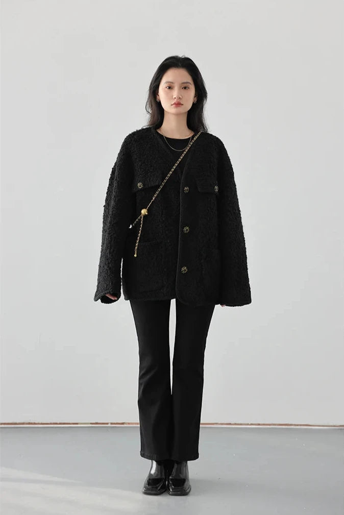 BLACK WOOLEN POLKA DOT COAT mfoya