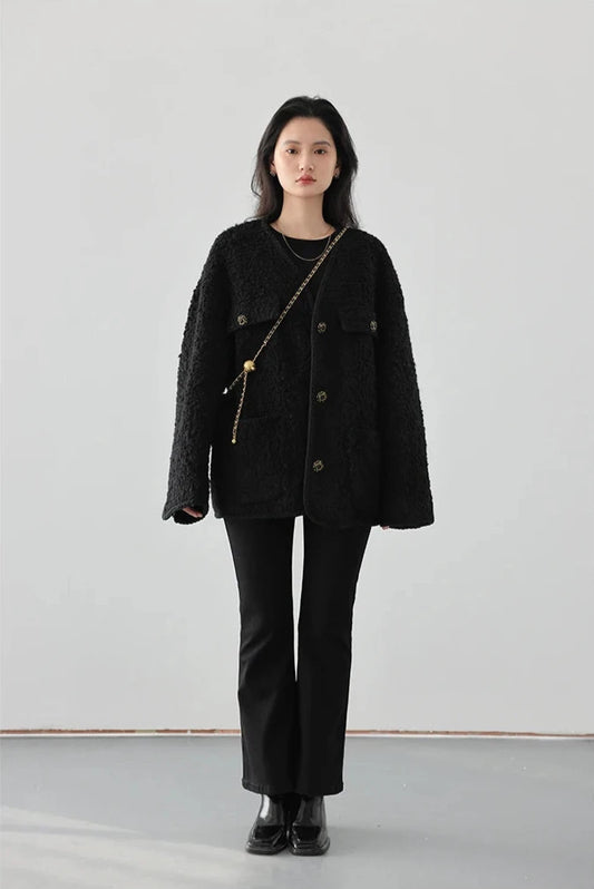 BLACK WOOLEN POLKA DOT COAT mfoya