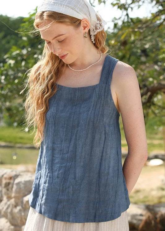 BLUE LINEN CROSS-BACK TANK mfoya