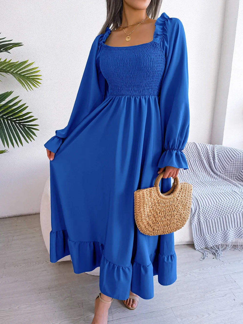 BLUE RUFFLE SWING MIDI DRESS mfoya