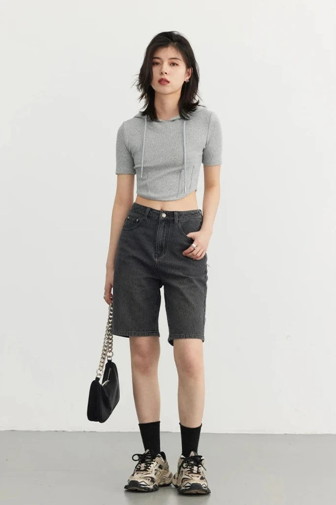 GRAY SOLID HOODED CROP TEE mfoya