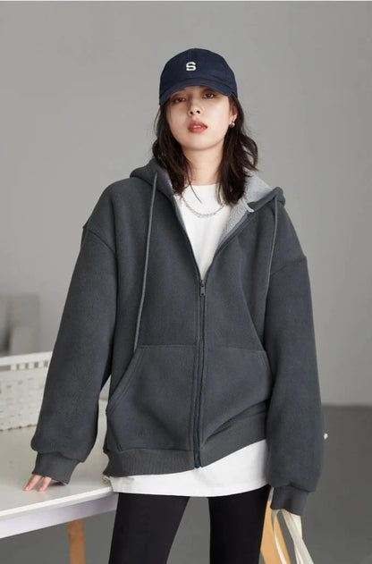 GRAY SOLID PLUSH ZIP-UP HOODIE