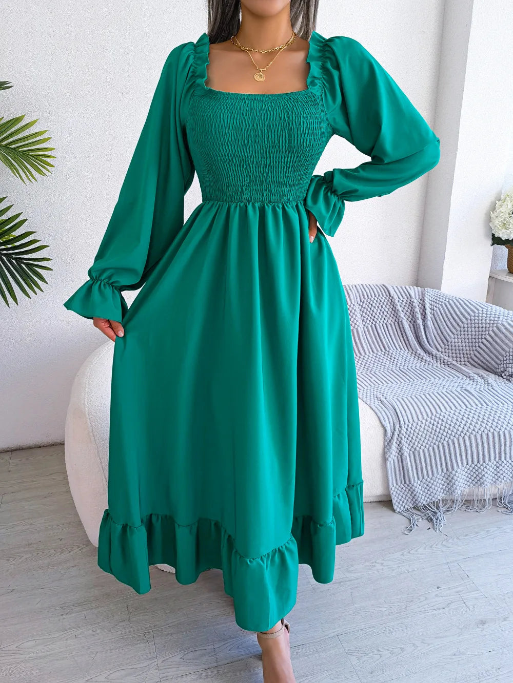 GREEN RUFFLE SWING MIDI DRESS