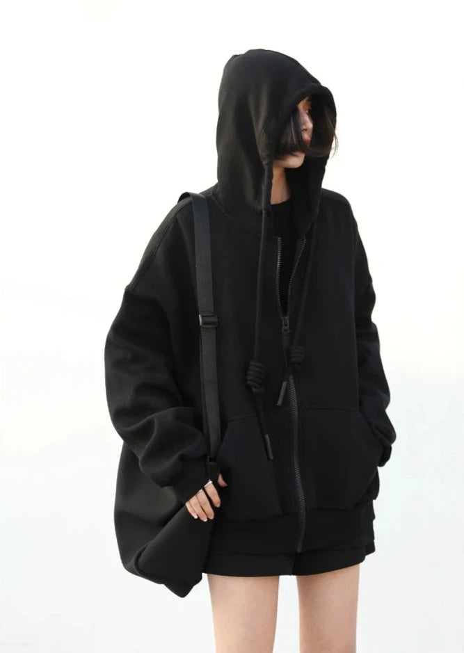 BLACK CASUAL SPORTY ZIP-UP HOODIE mfoya