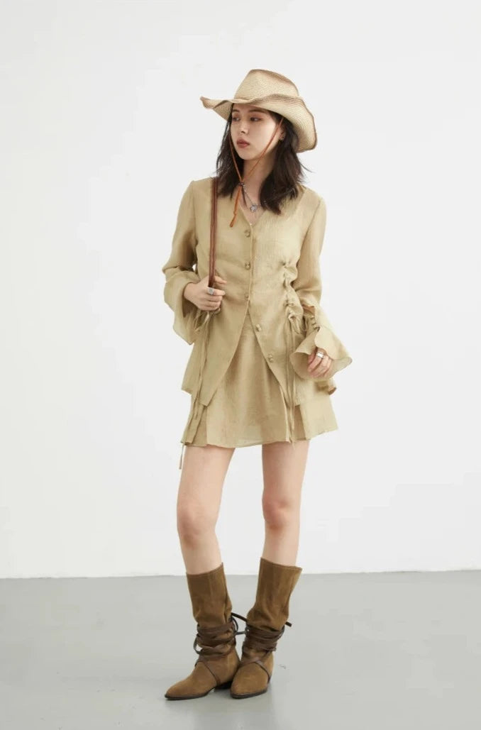 KHAKI THIN DRAWSTRING SHIRT mfoya