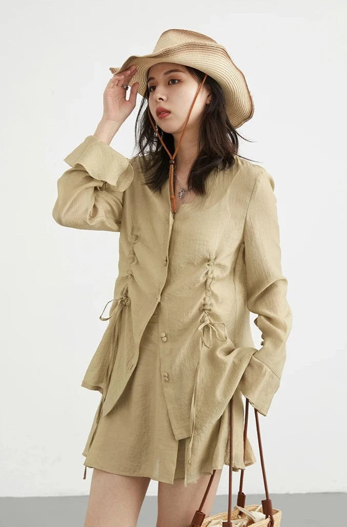 KHAKI THIN DRAWSTRING SHIRT mfoya